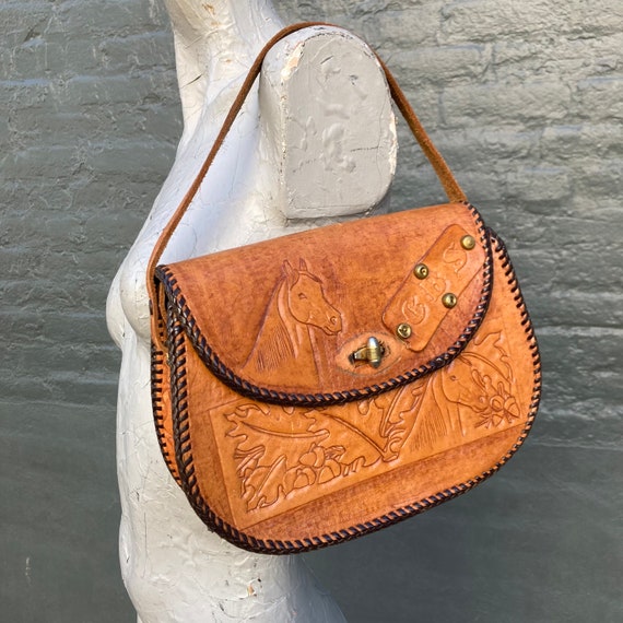 Vintage 60s Chestnut Brown Hand Tooled Purse with… - image 2