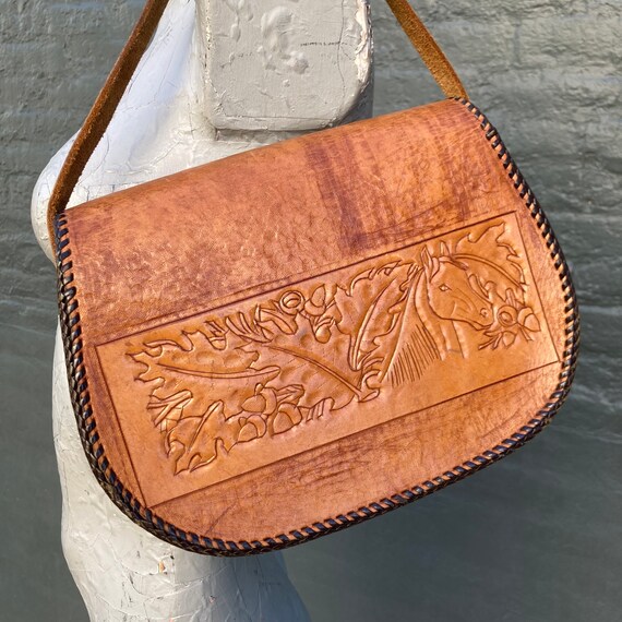 Vintage 60s Chestnut Brown Hand Tooled Purse with… - image 6