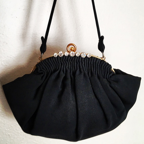 Vintage 30s Black Crepe Purse with Rhinestones