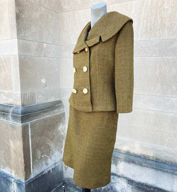 Vintage 60s Olive Green Tweed Shawl Collar Suit  … - image 5