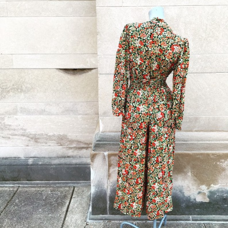 Vintage 70s Green Orange and White Palazzo Pants and Shirt Blouse Set small medium