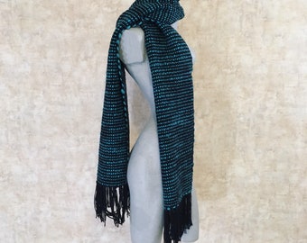 Vintage Lush Knubby Teal Blue and Black Scarf   16 x 90 inches