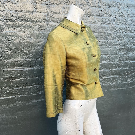Vintage 60s Grace Kelly Avocado Green Silk Jacket… - image 3
