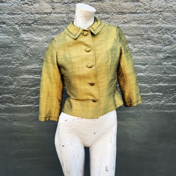 Vintage 60s Grace Kelly Avocado Green Silk Jacket… - image 4