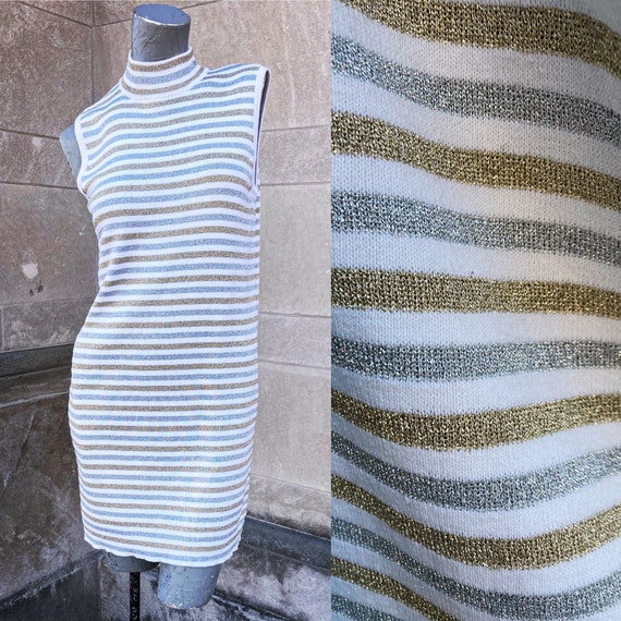 Vintage Bloomingdales Metallic Gold and Silver Striped Sleeveless Sweater Dress small medium Vintage Bloomingdales Metallic Gold and Silver Striped Sleeveless Sweater Dress small medium