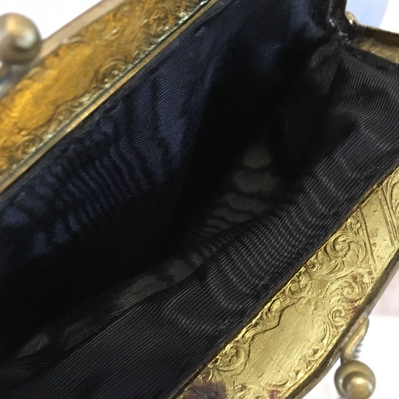 Vintage 50s Black Moire Satin Brass Frame Purse w… - image 5