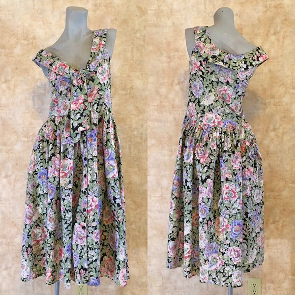 Vintage 80s Deco Style Dropped Waist Floral Dress with Shawl Collar  small