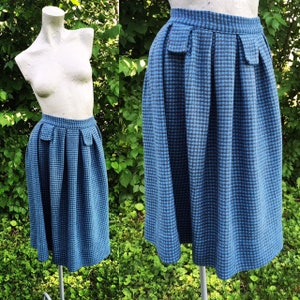 Vintage 50s Black and Blue Wool Check Circle Skirt   small extra small