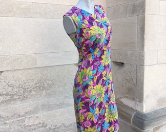 Vintage 60s Muted Watercolor Shift Dress small purple pink green