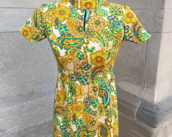 Vintage 70s Asian Inspired Maxi with Green Yellow and Orange Blue Flowers  small