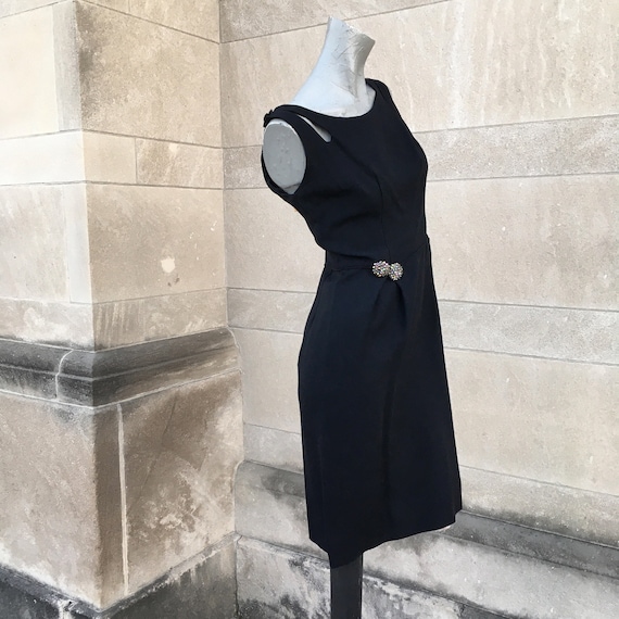 Retro Little Black Cocktail Dress Medium 60s Retro Sleek Crepe Sheath LBD with Rhinestones