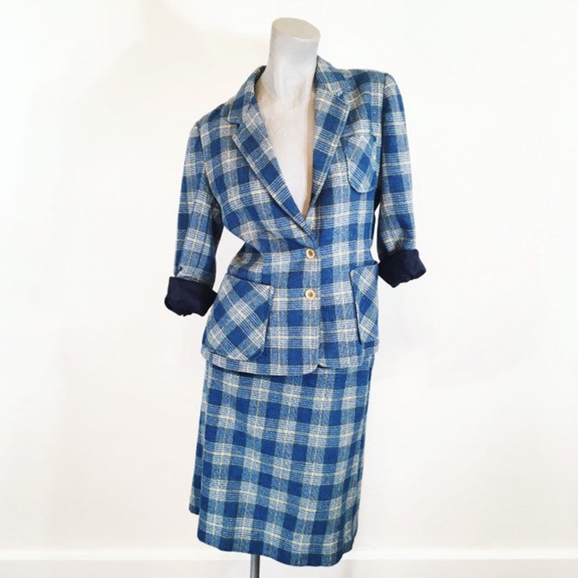 Vintage 70s Blue Yellow and White Plaid Wool Suit Medium | Etsy