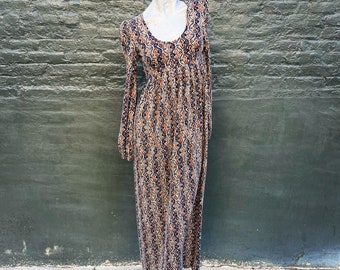 Vintage 70s Cotton Flannel Maxi Dress, Tan Brown Navy Print