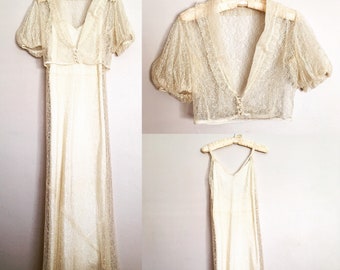 Vintage Authentic 1920s Spiderweb White Lace Slip Wedding Dress with Jacket and Belt  small