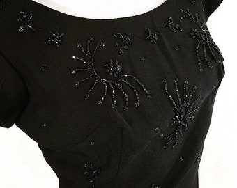 Vintage 60s Black Beaded Crepe Wiggle Dress  medium