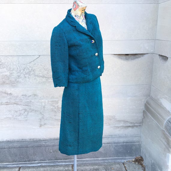 Vintage 60s Ying Tai LTD Raw Silk Turquoise Suit … - image 1