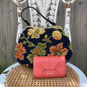 Vintage 50s Black Cantaloupe Orange Yellow and Green Floral Tapestry Purse with Coordinating Vintage Couch Wallet