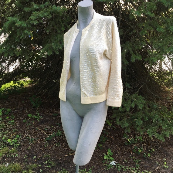 Vintage 60s Ivory White Sequin Cardigan   medium … - image 6