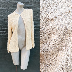 Vintage 80s Ivory White Cardigan with Iridescent Sequins  small medium