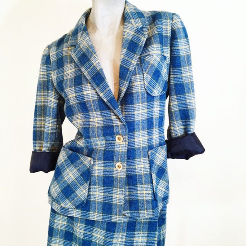 Vintage 70s Blue Yellow and White Plaid Wool Suit Medium | Etsy