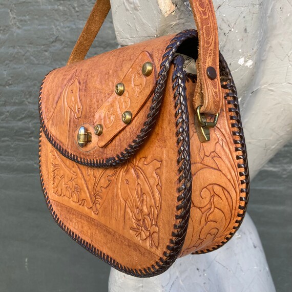 Vintage 60s Chestnut Brown Hand Tooled Purse with… - image 7