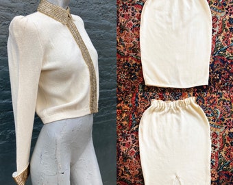 Vintage 80s Ivory White Knit Skirt Suit with Gold Beading  extra small