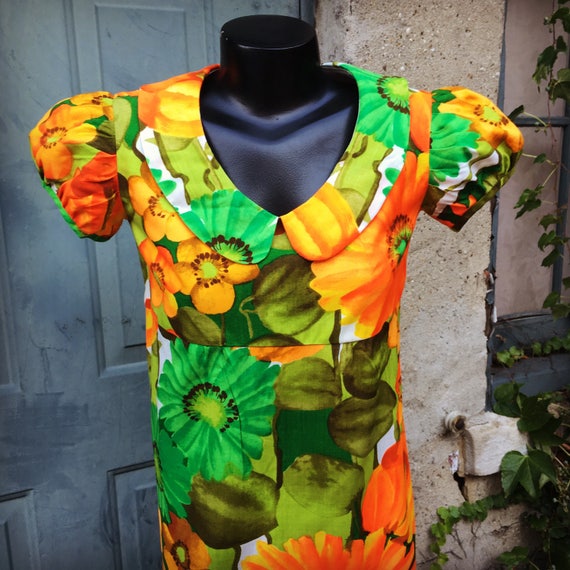 Vintage 70s Bright Orange Green Yellow Red Empire… - image 1