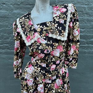 Vintage 80s Black Pink and Green Floral Dress  small