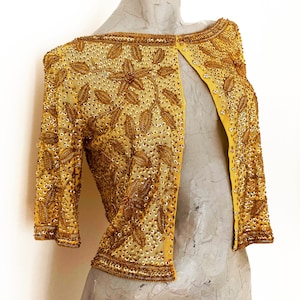Vintage 50s Gold Gossamer Shrug Jacket Blouse with Intricate Beading and Sequins  small extra small