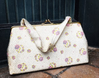 Vintage 50s White Beaded Purse wIth Pastel Flowers