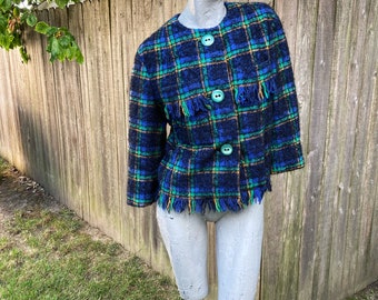 Vintage 60s Handmade Blue and Green Plaid Tweed Fringe Jacket  medium