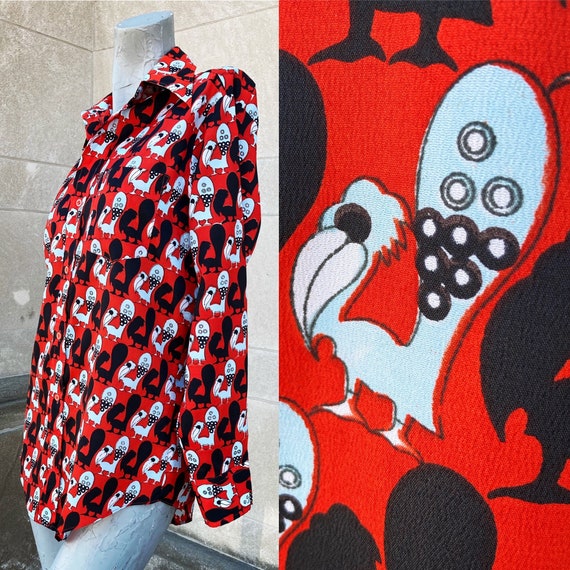 Vintage Mod 70s Red Blue and White Abstract Bird … - image 1