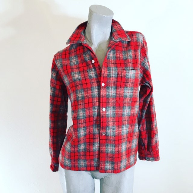 Vintage 60s Red White and Soft Gray Wool Flannel Plaid Shirt | Etsy