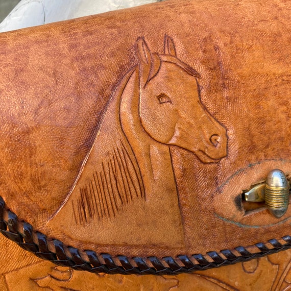 Vintage 60s Chestnut Brown Hand Tooled Purse with… - image 3