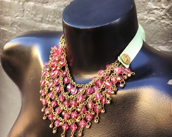 Vintage Pink Multi Tier Bead Necklace with Brass Trim