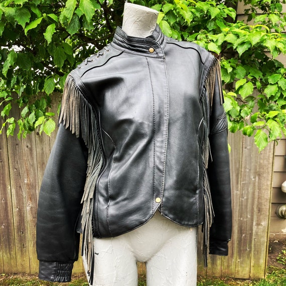 Vintage 80s Harley Davidson Black Leather Fringe Jack… - Gem