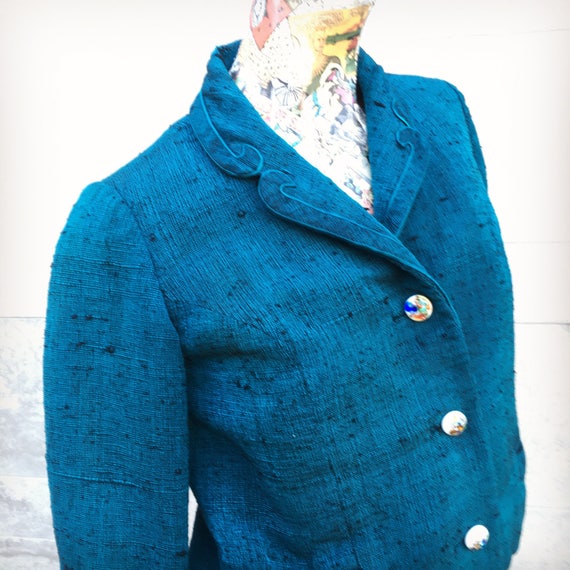 Vintage 60s Ying Tai LTD Raw Silk Turquoise Suit … - image 5