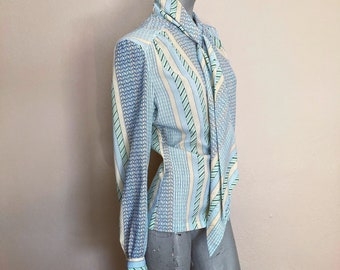 Vintage 70s Blue Black and Yellow Watercolor Graphic Tie Neck Secretary Blouse  medium large