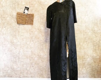 Vintage 60s Black Satin Long Coat with Single Button Three Quarter Length Sleeves   Free shipping in the US  medium large