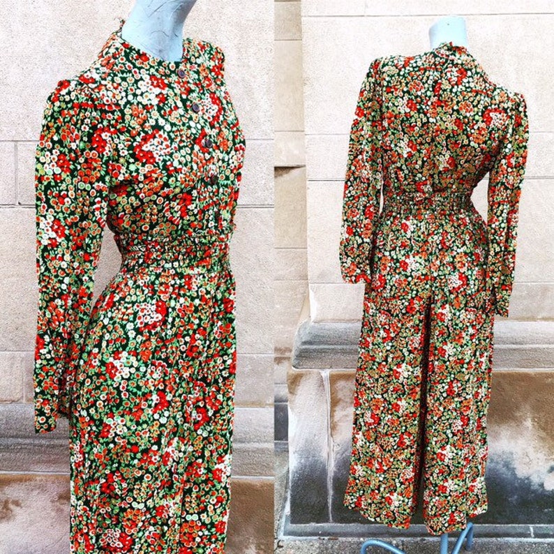 Vintage 70s Green Orange and White Palazzo Pants and Shirt Blouse Set small medium