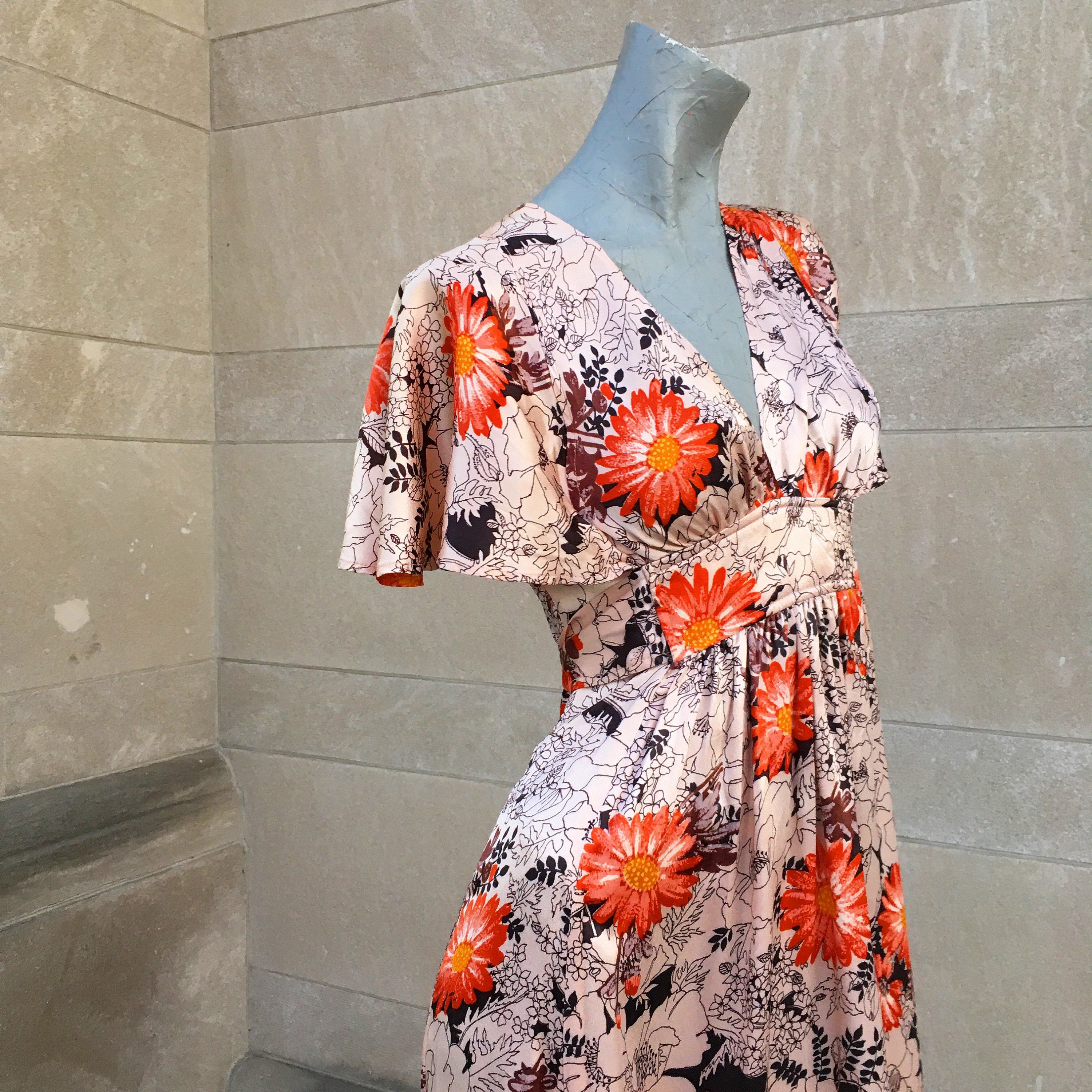 lianserene Vintage 70s Peach Satin Maxi Dress Bell Sleeves with Orange Flowers Small