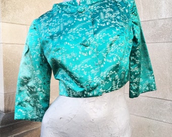 Vintage 60s Asian Cropped Mid Century Teal Turquoise Cropped Jacket with Three Quarter Length Sleeves  small medium