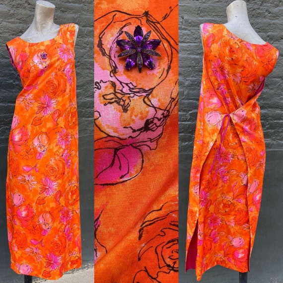Vintage 60s Mod Grecian Column Wrap Maxi Dress With Hot Orange Purple and  Pink Flowers Small Medium - Etsy