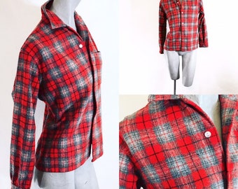 Vintage 60s Red White and Soft Gray Wool Flannel Plaid Shirt  medium large oversized