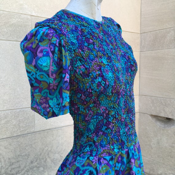 Vintage 80s Blue Green Purple Ruched Mini Dress  … - image 2