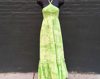 Vintage 70s Lime Celery Green Polished Cotton Maxi  small extra small