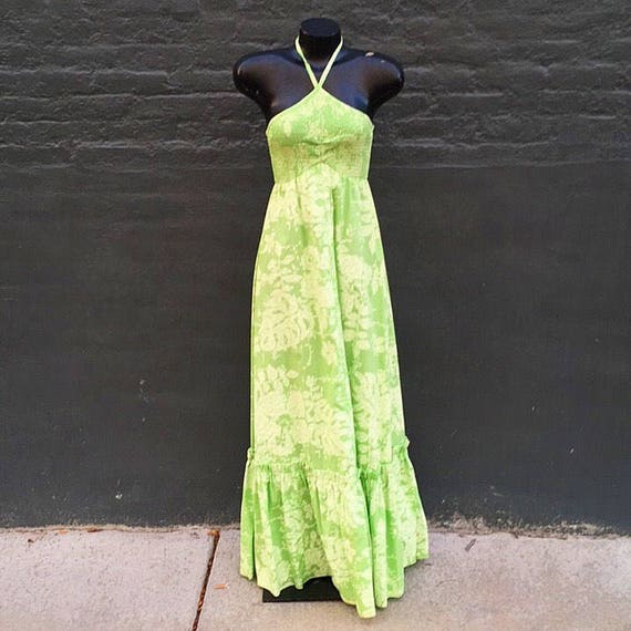 Vintage 70s Lime Celery Green Polished Cotton Maxi