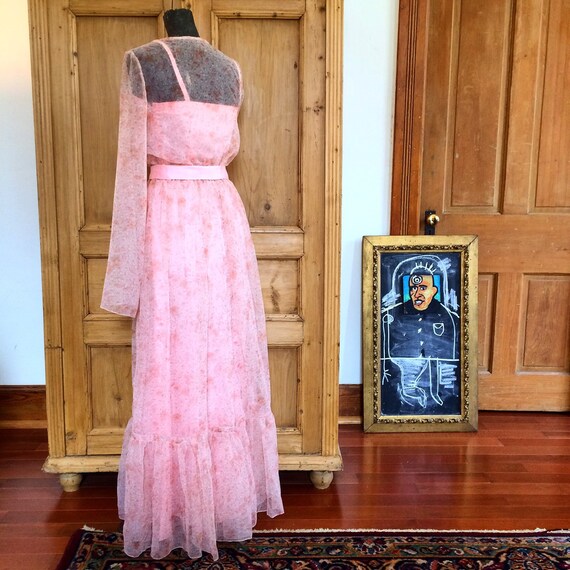 70s Vintage Salmon Pink Sheer Maxi Dress with Slip - image 2