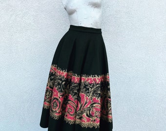 Vintage 50s Hand Painted Black Wool Felt Circle Skirt  small medium