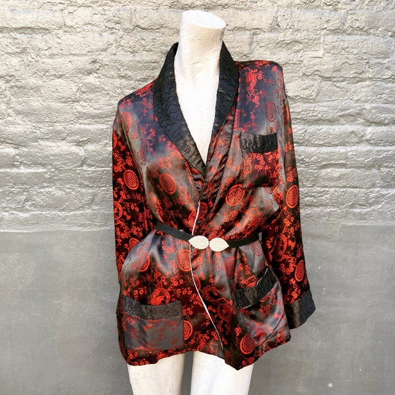 Vintage 50s Asian Inspired Red and Black Satin Sm… - image 6